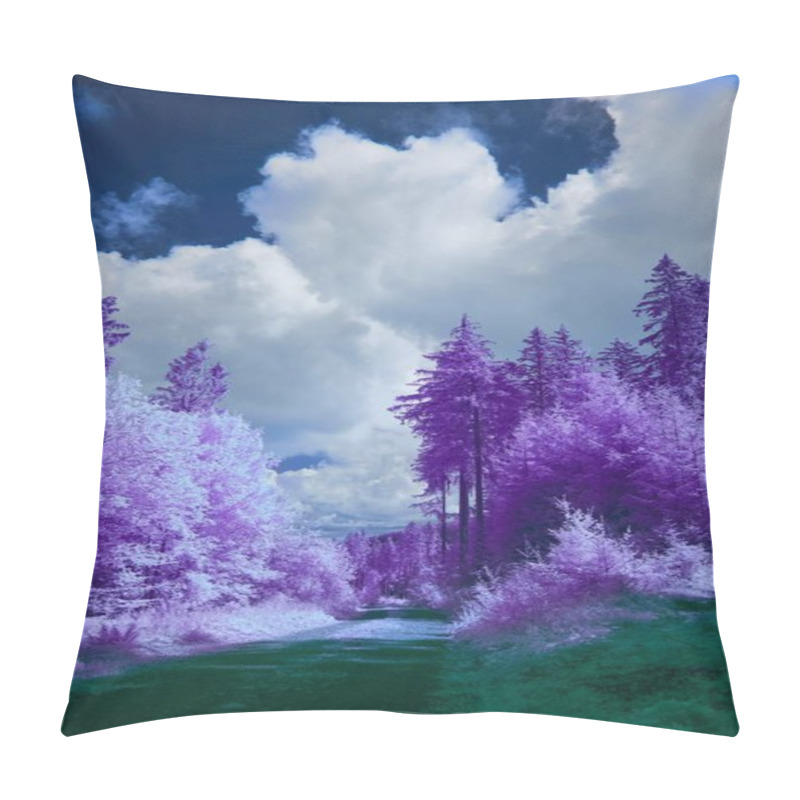 Personality  Surreal Forest Landscape With Vibrant Purple Trees And Dramatic Blue Clouds. Pillow Covers