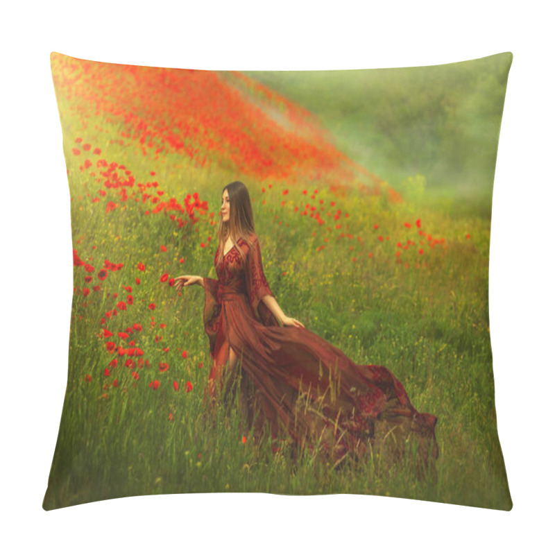 Personality  Happy Fantasy Woman Queen In Red Silk Dress, Walking In Poppy Field, Summer Green Grass, Nature Flowers. Girl Goddess Princess Train Hem Skirt Flying In Wind, Satin Fabric Waving. Divine Sun Light Pillow Covers