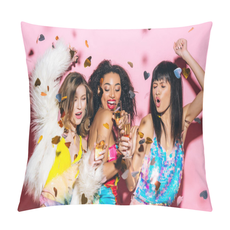 Personality  Excited Fashionable Multicultural Girls Dancing With Glasses Of Champagne On Pink With Confetti Pillow Covers