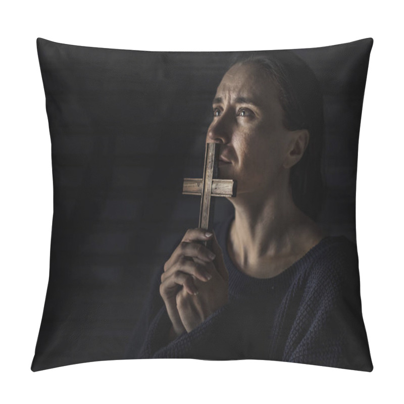 Personality  Suffering Woman Holding Cross And Praying  Pillow Covers