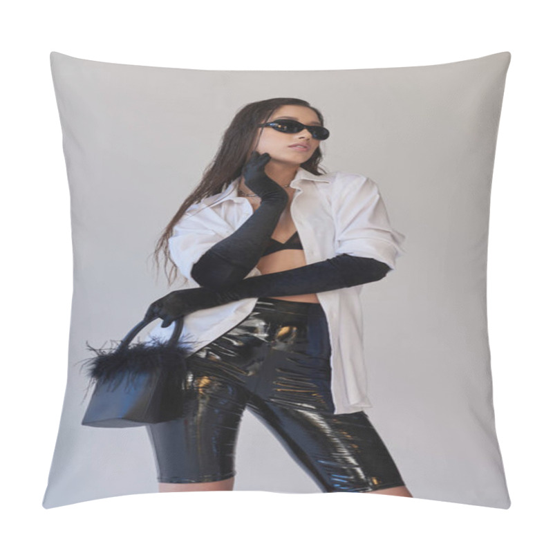 Personality  Bold Style, Fashion Statement, Asian Woman In Sunglasses Posing With Feathered Handbag On Grey Background, Young Model In Latex Shorts, Black Gloves And White Shirt, Conceptual  Pillow Covers