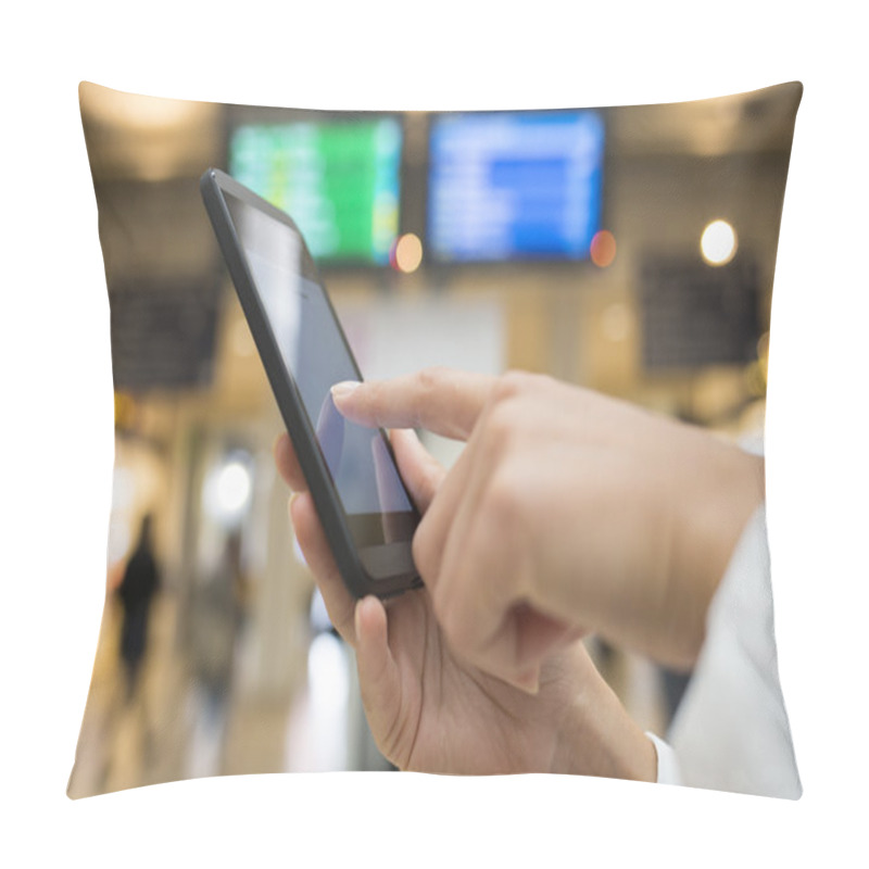 Personality  Close Up Of Hands Woman Using Her Cell Phone In Station, Backgro Pillow Covers