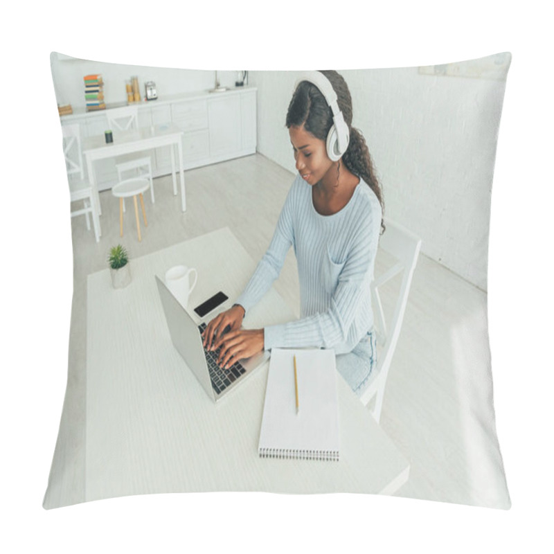 Personality  Young African American Freelancer In Wireless Headphones Working On Laptop In Kitchen Pillow Covers