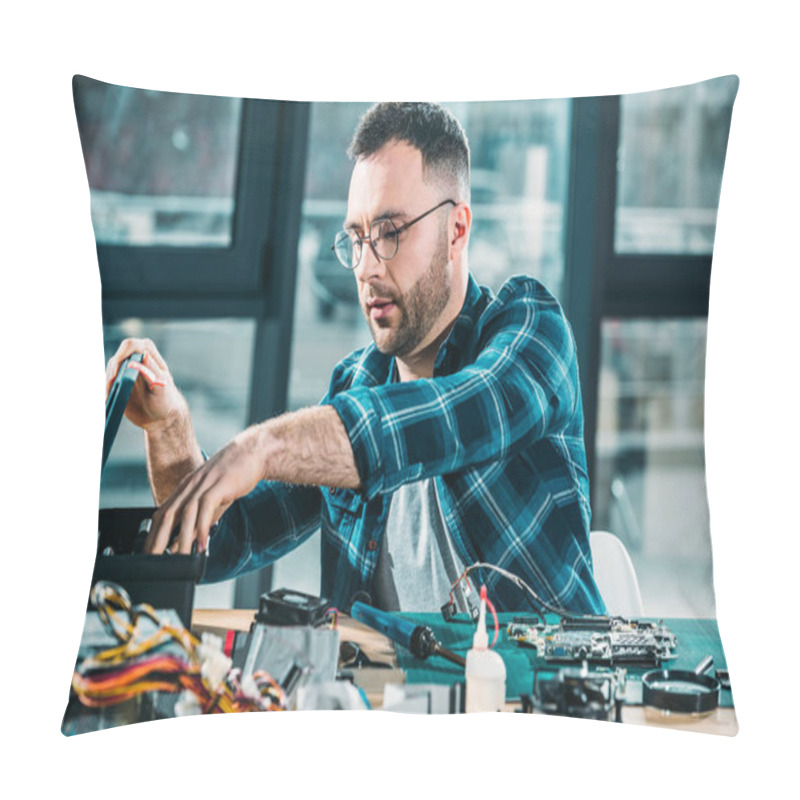 Personality  Hardware Engineer Looking For Tools At Workplace Pillow Covers