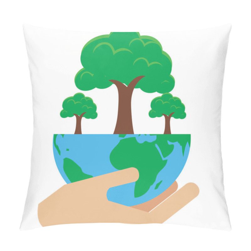 Personality  Tree Planting Day Symbol, Illustration Of A Green Leafed Tree, Wide And Lush, On A White Cloud Sky Background, Simple Flat Design Pillow Covers