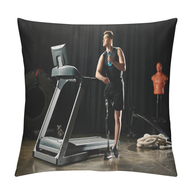 Personality  A Determined Disabled Man With A Prosthetic Leg Stands Confidently On Top Of A Treadmill At The Gym. Pillow Covers