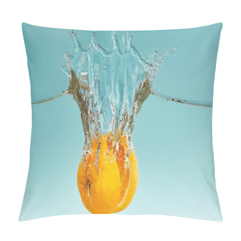 Personality  Ripe Orange Halves Falling In Water With Splashes On Blue Background Pillow Covers