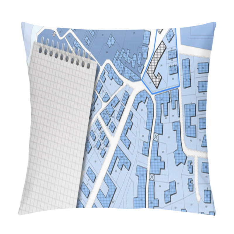 Personality  Imaginary Cadastral Map Of Territory With Buildings, Roads, Land Parcel And Notepad With Copy Space Pillow Covers