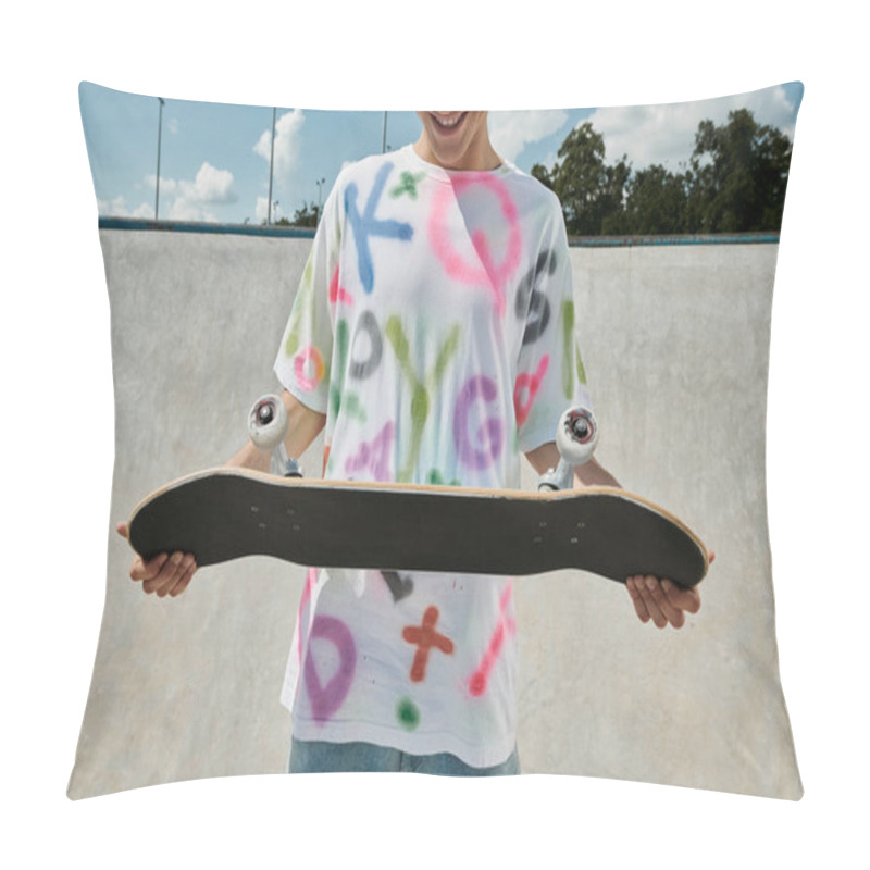 Personality  A Young Man With A Skateboard In A Vibrant Skate Park, Capturing The Essence Of Freedom And Adrenaline While Skating Outdoors In The Summer. Pillow Covers