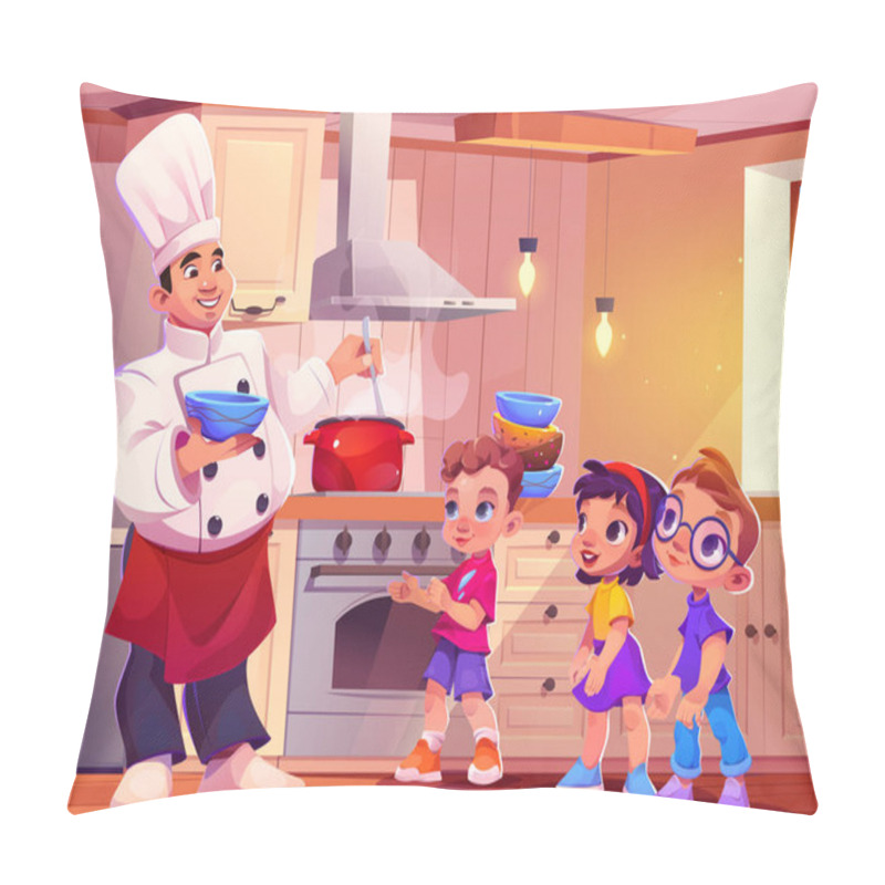 Personality  Chef Serving Dinner For Kids At Nursery School. Vector Cartoon Illustration Of Man In White Uniform Pouring Hot Soup To Bowls, Cute Boys And Girl Waiting For Meal In Kitchen, Kindergarten Care Pillow Covers