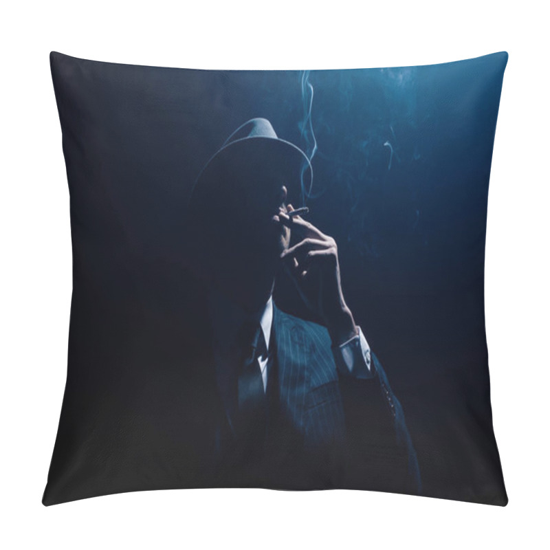 Personality  Silhouette Of Mafioso In Suit And Felt Hat Smoking Cigarette On Dark Blue Background Pillow Covers