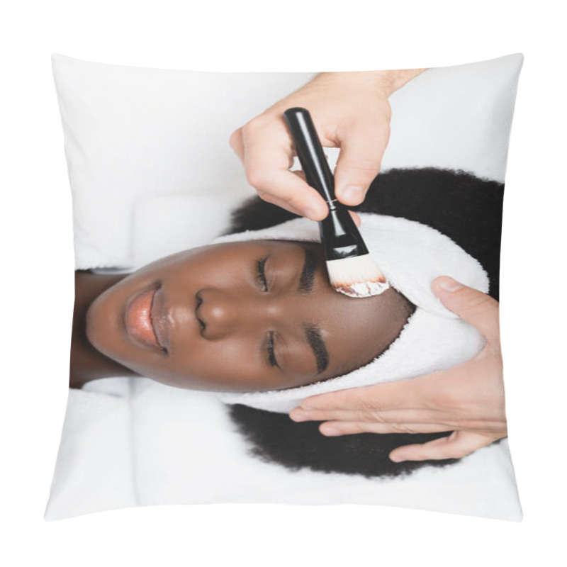 Personality  Top View Of Smiling African American Woman In White Headband Lying Near Man With Cosmetic Brush In Spa Salon Pillow Covers