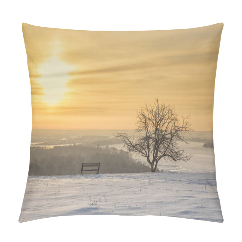 Personality  Panoramic View On Frozen River And Forest On Hill In Winter Duri Pillow Covers