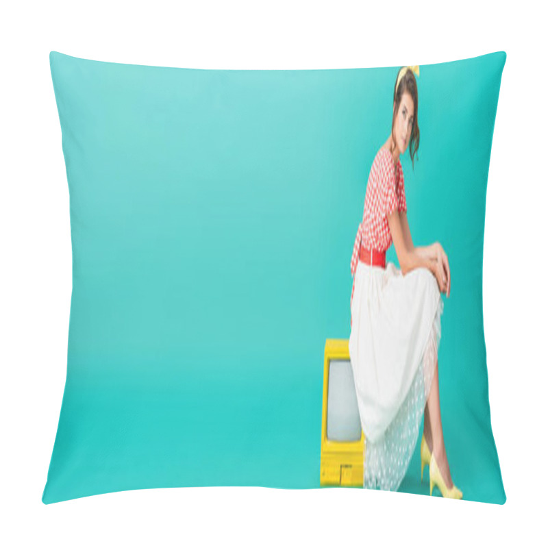 Personality  Stylish Pin Up Girl Looking At Camera While Sitting On Bright Yellow Retro Tv On Turquoise, Banner Pillow Covers