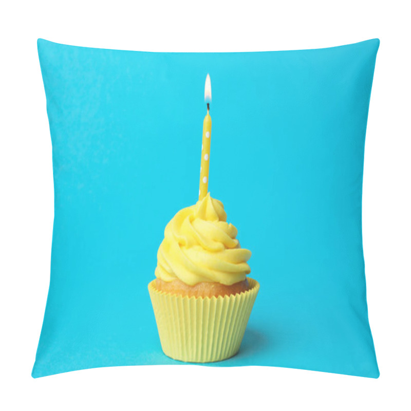 Personality  Delicious Birthday Cupcake With Yellow Cream And Burning Candle  Pillow Covers