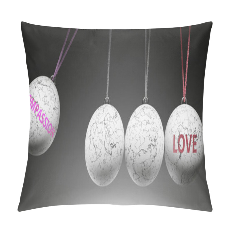 Personality  Compassion And Love - Cause And Effect Relationship. A Newton Cradle Metaphor Showing How Compassion Results In Love. It Initiates Love. Pillow Covers