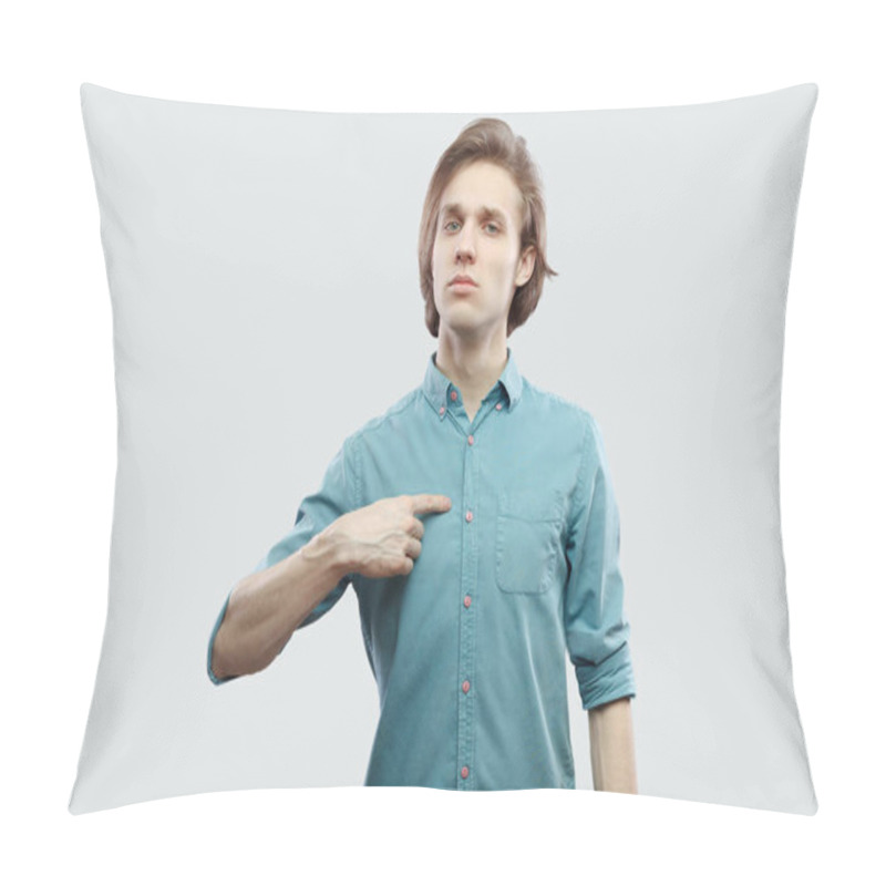 Personality  Portrait Of Proud Long Haired Blonde Man In Blue Shirt Standing And Pointing Himself While Looking At Camera On Light Grey Background. Pillow Covers