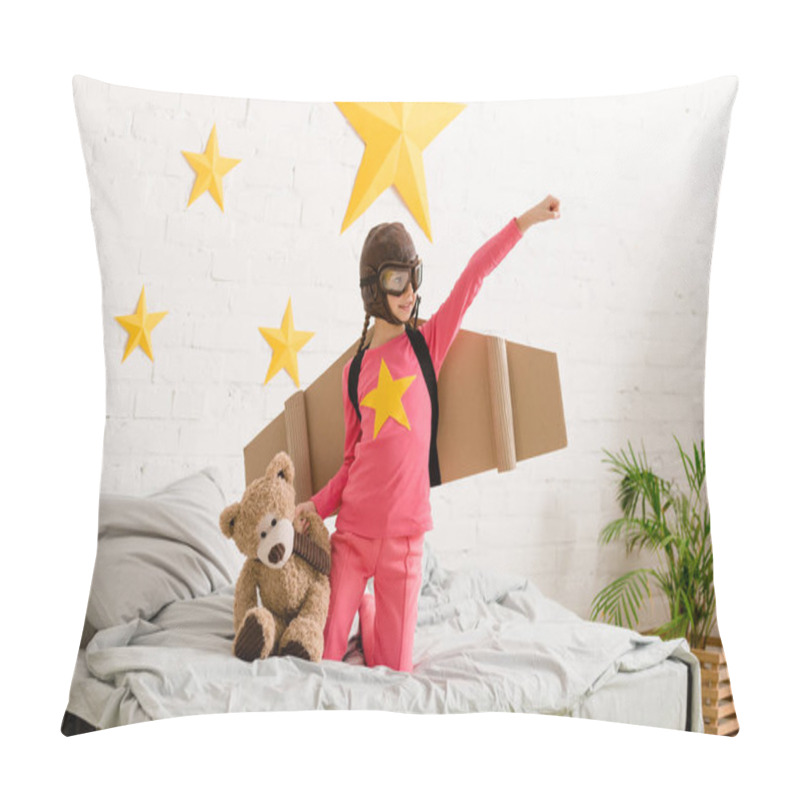 Personality  Smiling Child With Teddy Bear Standing On Bed And Holding Hand Up Pillow Covers