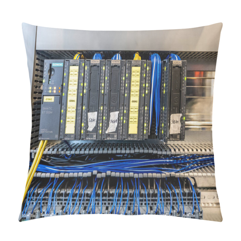 Personality  Dinslaken , Germany - September 19 2018 : Programmable Logic Controller For Industrion Automation Getting Tested Pillow Covers