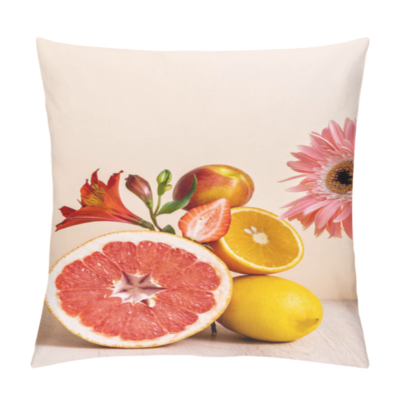 Personality  Floral And Fruit Composition With Gerbera, Alstroemeria, Citrus Fruits, Strawberry And Peach On Beige Background Pillow Covers