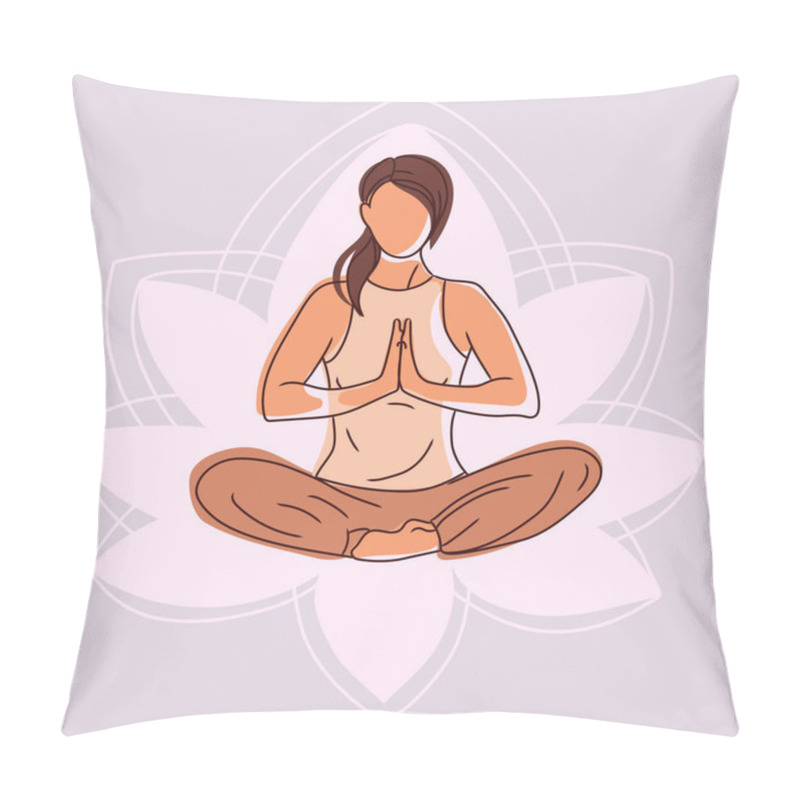 Personality  Lotus Pose Yoga Banner.Woman Sitting In Lotus Position Meditating On The Background Of A Flower Vector Illustration.Concept Illustration For Yoga, Meditation, Relaxation, Healthy Lifestyle. Pillow Covers