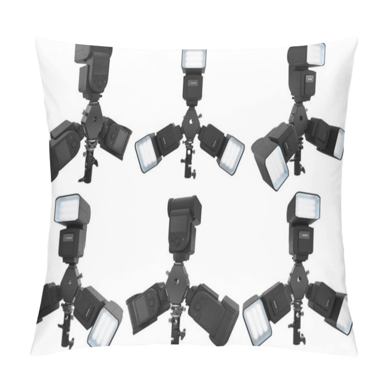 Personality  3 Speedlight Flashes Guns On Tripod Holder Isolated On White. Pillow Covers