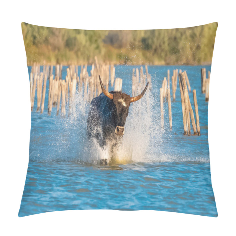 Personality  Bull Galloping In The Water, Running Bull In Camargue  Pillow Covers