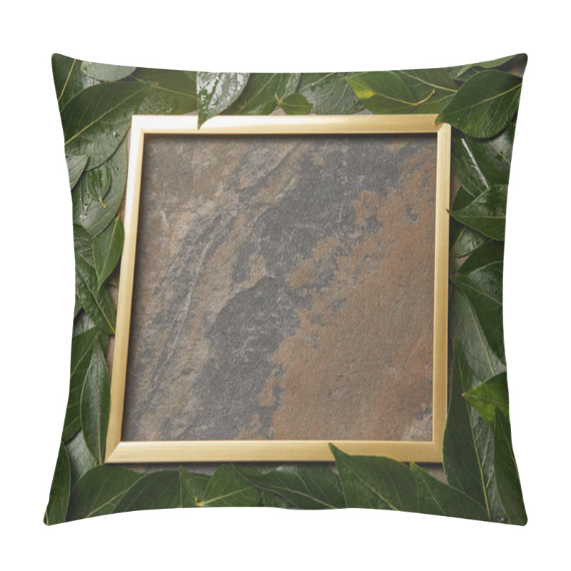 Personality  Empty Golden Frame On Stone Background With Copy Space And Wet Green Leaves Pillow Covers