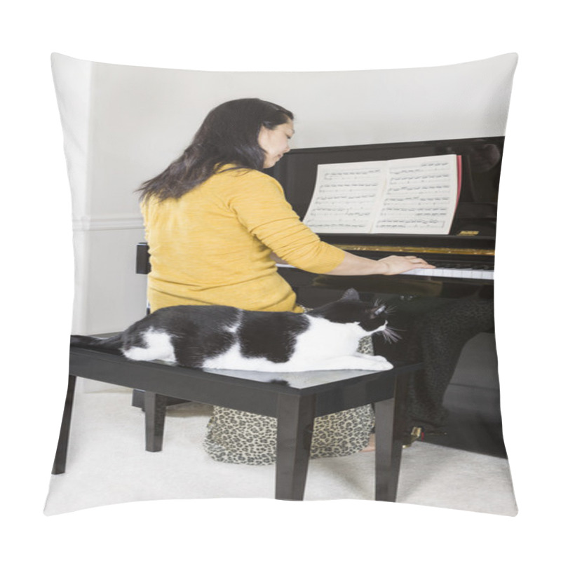 Personality  Mature Woman Playing Piano With Her Family Cat By Her Side Pillow Covers