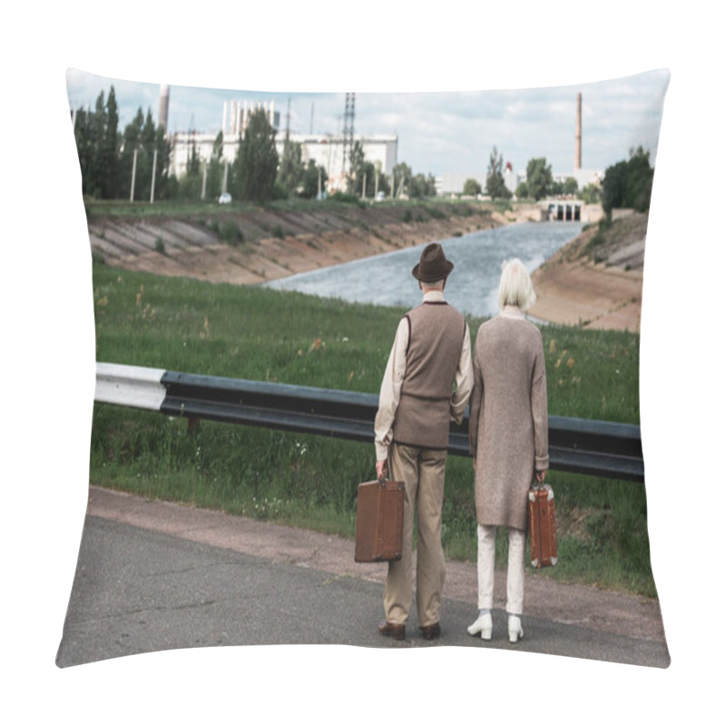 Personality  PRIPYAT, UKRAINE - AUGUST 15, 2019: Back View Of Senior Couple With Baggage Near Chernobyl Nuclear Power Plant  Pillow Covers