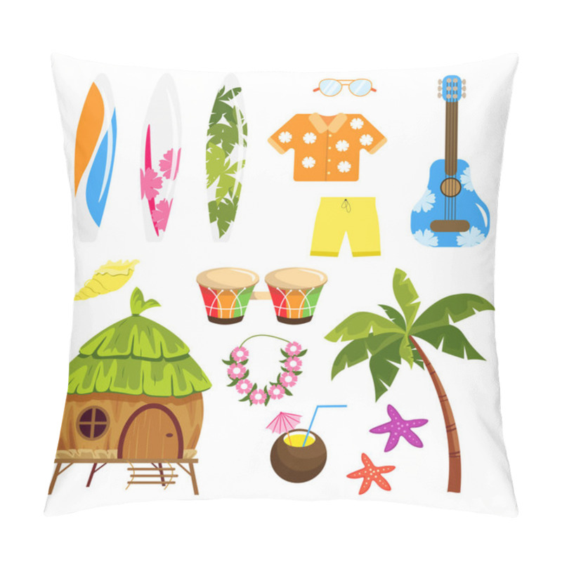 Personality  Set Of Equipment For Vacationers In Hawaii In Cartoon Style. Vector Illustration Of Hawaiian House, Palm Trees, Shells, Coconut Cocktail, Starfish, Drums, Guitar, Shirt, Glasses On White Background. Pillow Covers