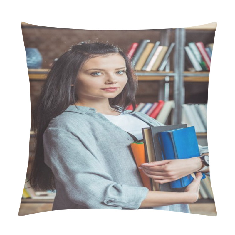 Personality  Girl With Books In Library Pillow Covers