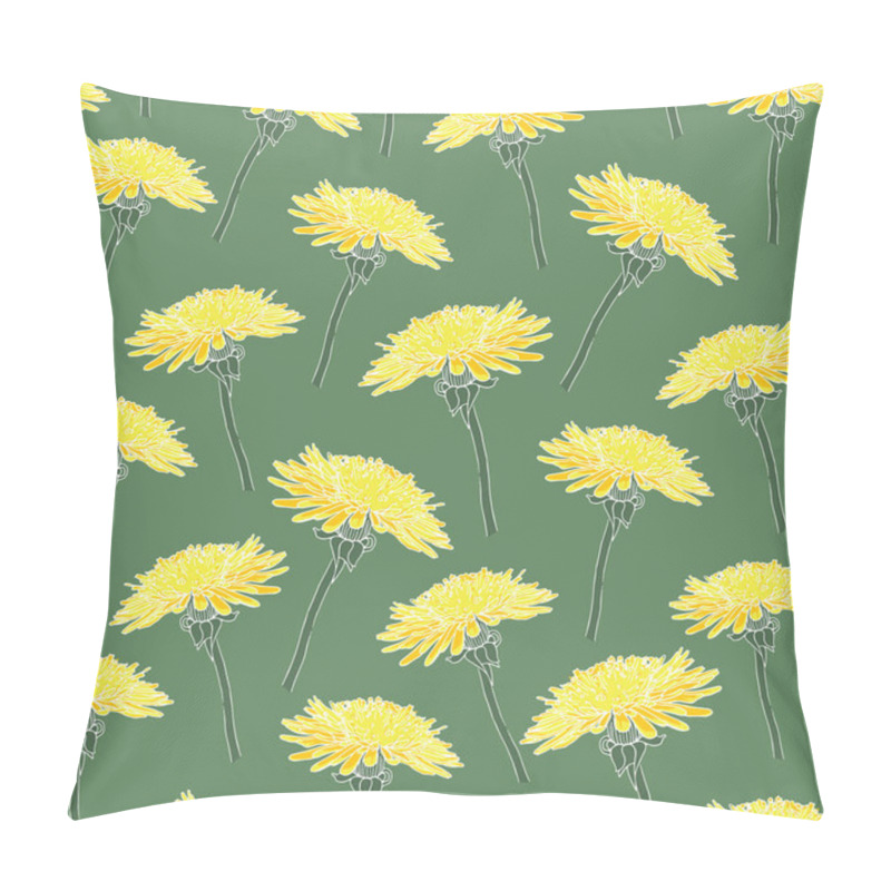 Personality  Fresh Spring Vector Repeat Pattern With Blooming Dandelion Flowers On Green Background. Pillow Covers