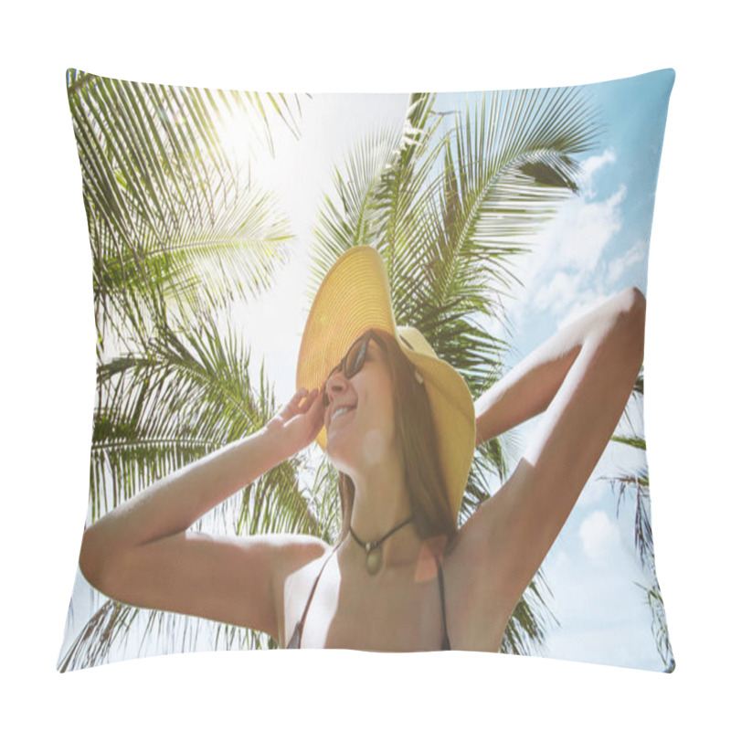 Personality  Smiling Woman Wearing Hat Under Palms In Sunlight Pillow Covers