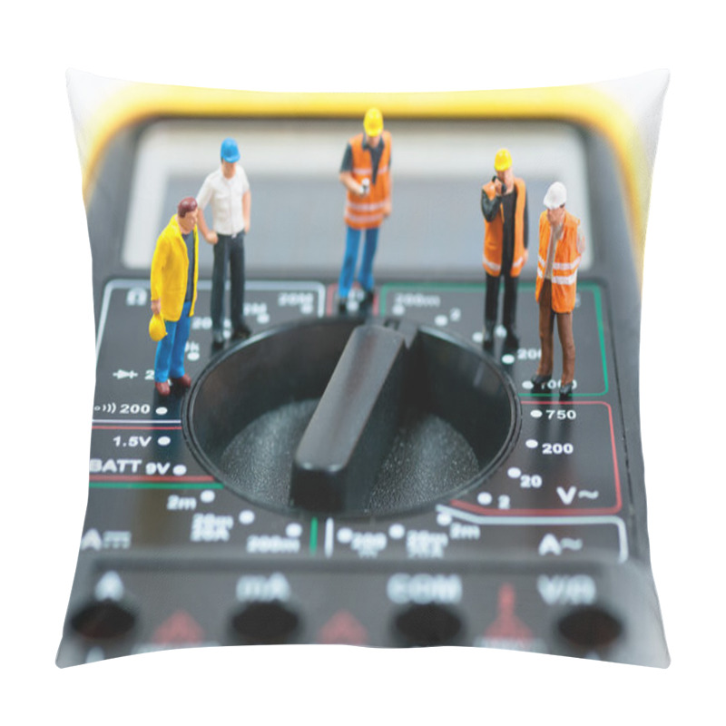 Personality  Team Of Miniature Workers On Top Of Multimeter. Macro Photo Pillow Covers