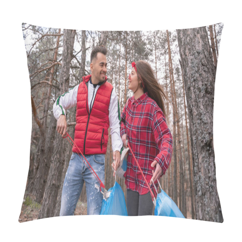 Personality  Happy Couple With Trash Bags Picking Up Rubbish With Grabber Tools In Forest  Pillow Covers