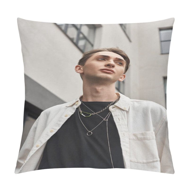 Personality  A Stylish Young Man, Exuding Confidence, Wears A White Shirt And A Necklace With A Rebellious Flair. Pillow Covers