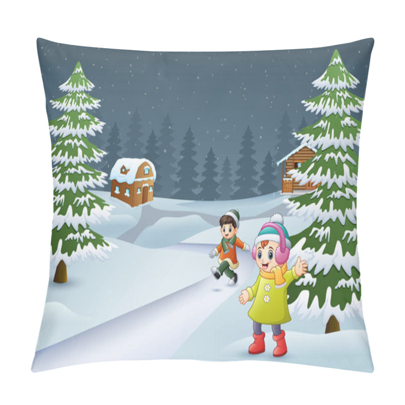 Personality  Happy Kids To Wear Winter Clothes And Play In A Village Environment Pillow Covers