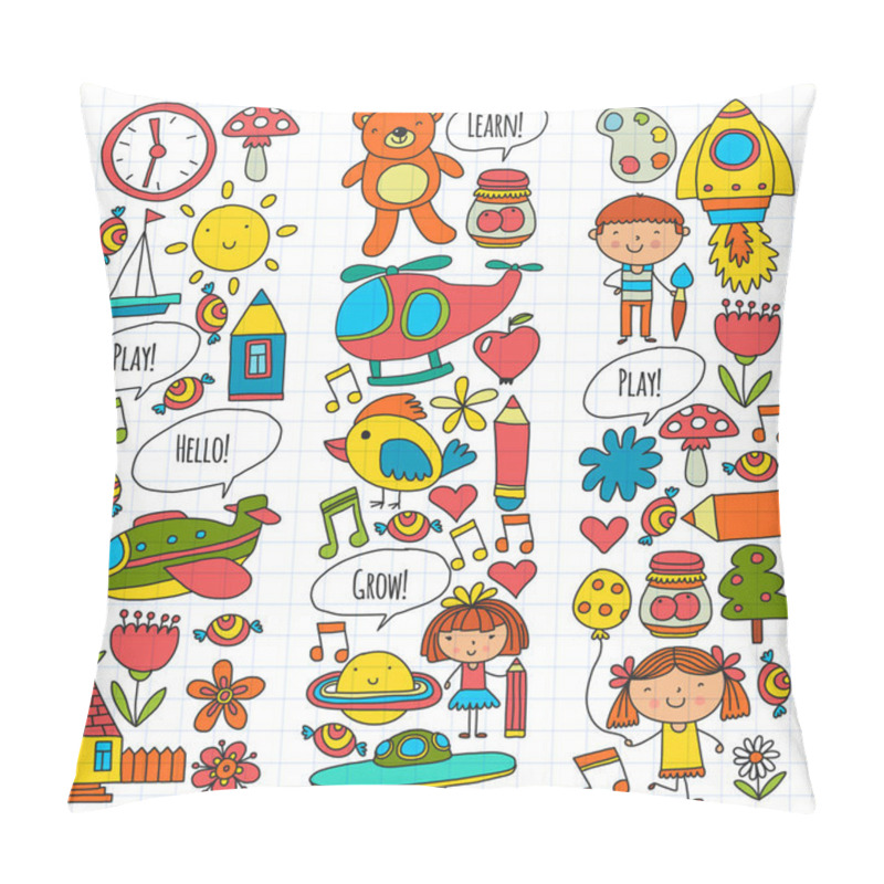 Personality  Vector Icons And Elements. Kindergarten, Toys. Little Children Play, Learn, Grow Together. Pillow Covers