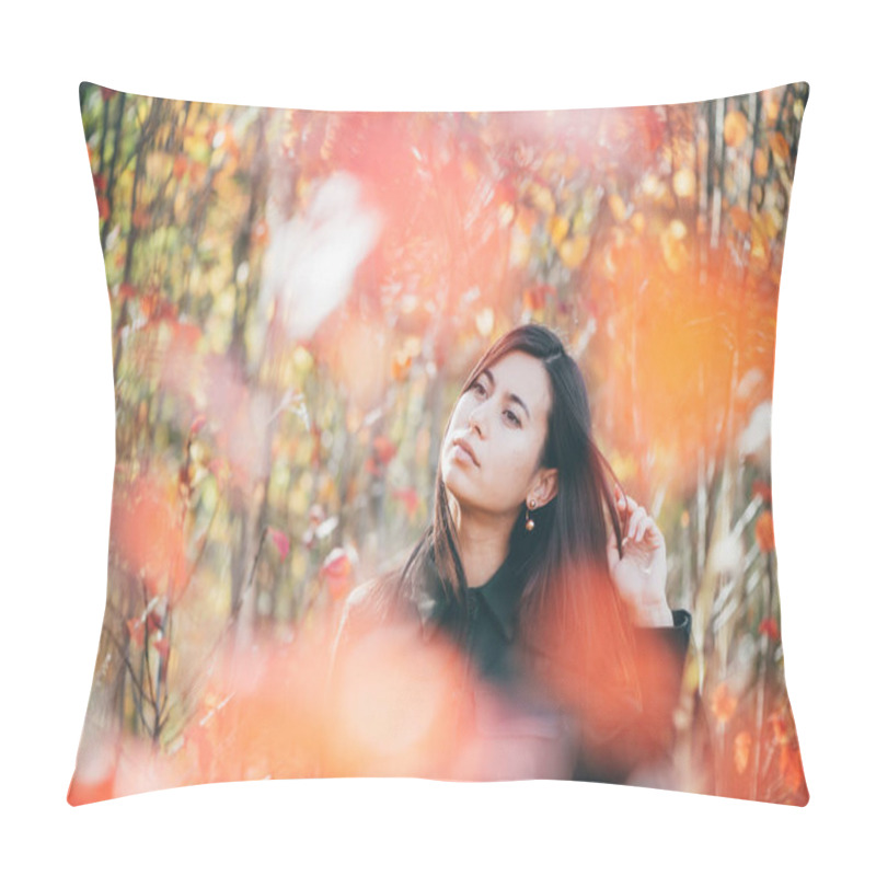 Personality  Female Beauty Portrait Surrounded By Vivid Foliage. Dreamy Beautiful Girl With Long Natural Black Hair On Autumn Background With Colorful Leaves In Bokeh. Inspired Girl Enjoys Nature In Autumn Forest. Pillow Covers