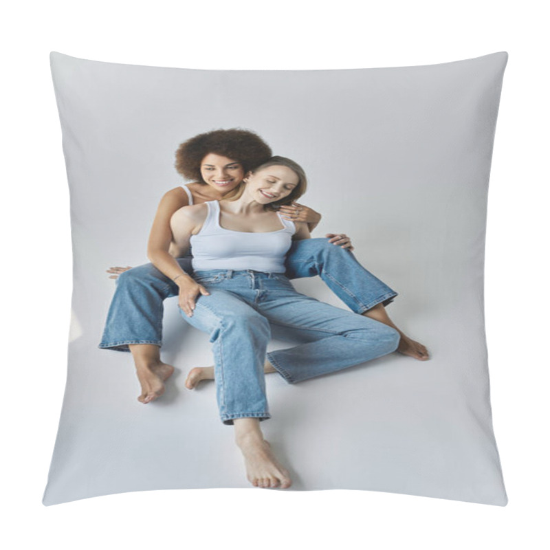 Personality  A Lesbian Couple, Wear Tank Tops And Jeans, Laughing Together While Lying On A Grey Floor. Pillow Covers