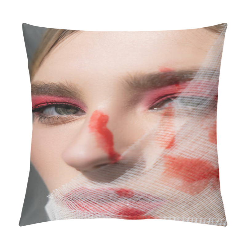 Personality  Close Up View Of Woman With Red Paint On Medical Bandage On Face Looking At Camera Isolated On Grey  Pillow Covers