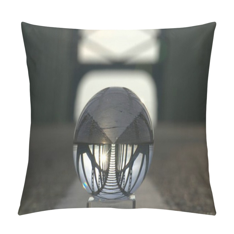 Personality  A Glass Sphere Reflecting A Bridge Structure, Showcasing Symmetry And Artistic Perspective. Pillow Covers