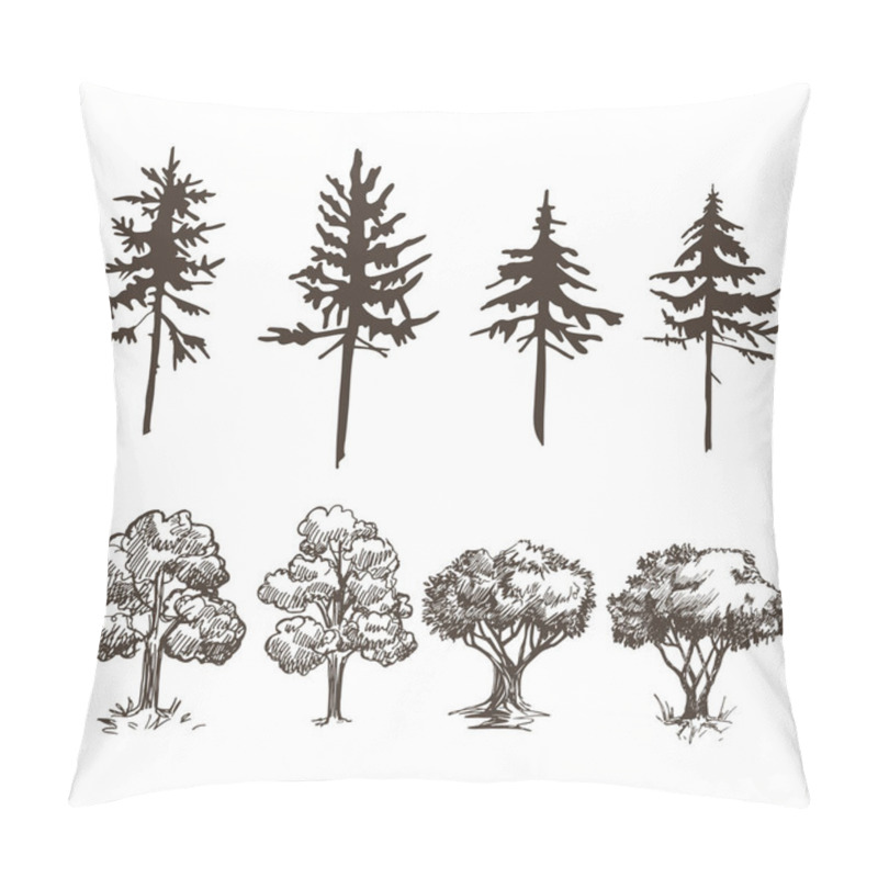 Personality  A Set Of Images Of Various Trees. Deciduous And Coniferous. Sketches And Silhouettes. Pillow Covers