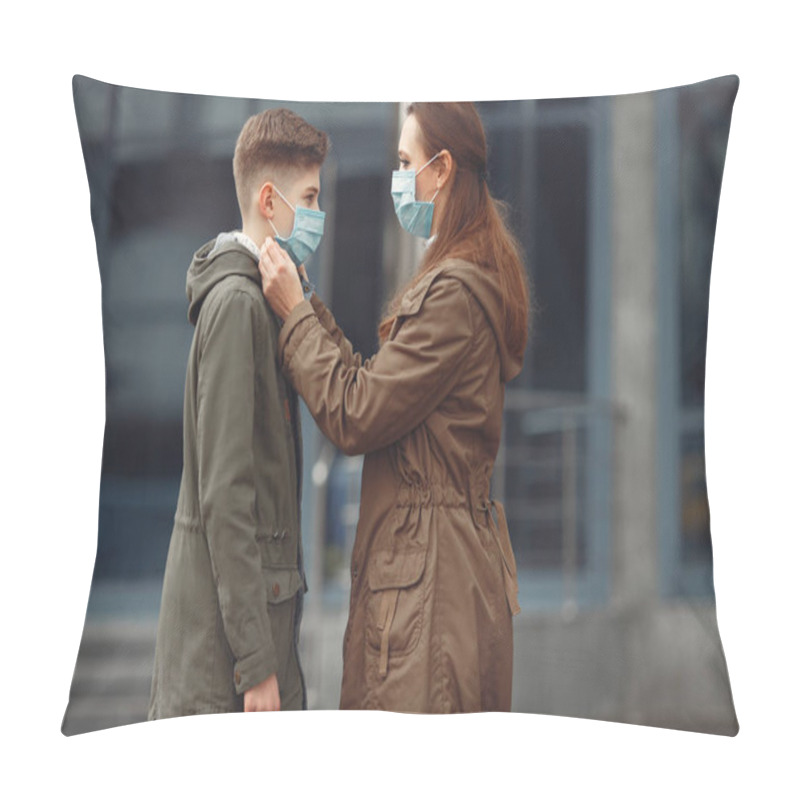 Personality  A Boy And Mother Are Wearing Protective Masks Pillow Covers