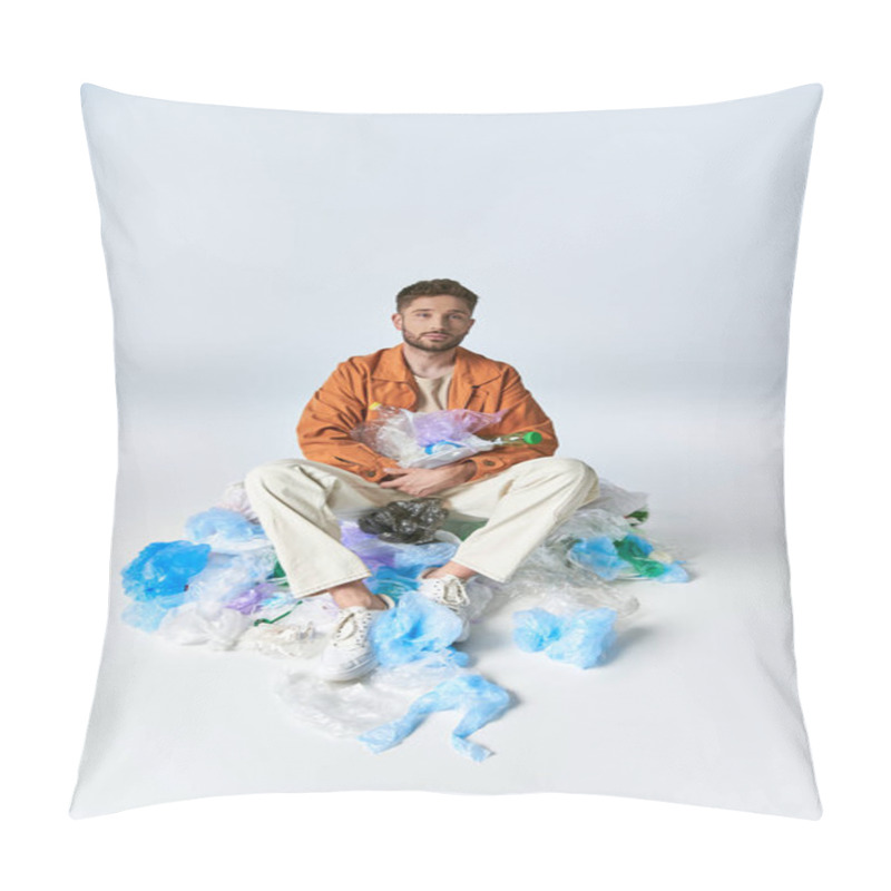 Personality  A Man Sits On A Pile Of Plastic Waste, Surrounded By Bags And Bottles. Pillow Covers