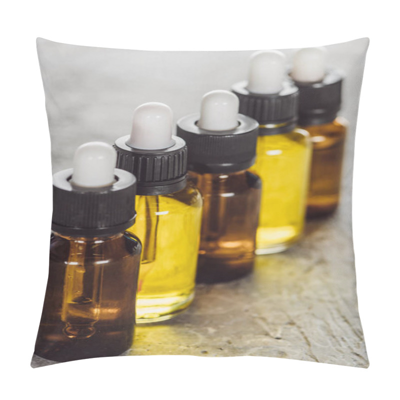 Personality  Close Up View Of Bottles With Natural Serum On Grey Stone Surface Pillow Covers