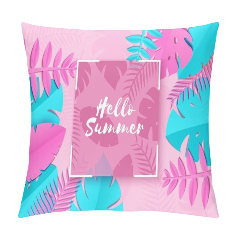 Personality  Summer Tropical Palm Leaves, Plants In Trandy Paper Cut Style. White Square Frame On Exotic Blue Pink Leaves On Yellow Sunny Background Hawaiian Summer. Square Glass Lable. Vector Card Illustration. Pillow Covers