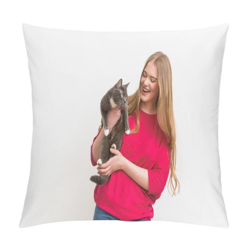 Personality  Cheerful Woman Holding In Arms Fluffy Cat Isolated On White  Pillow Covers