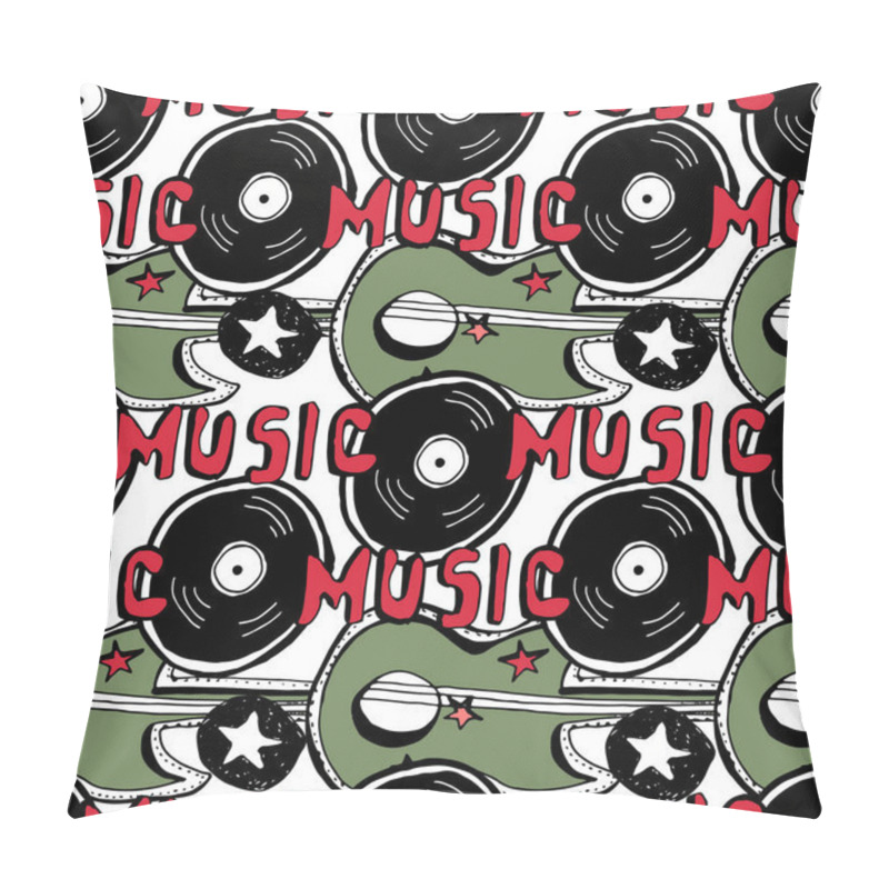 Personality  Hand Drawn Seamless Vector Pattern. Rock-n-roll And Punk Symbols And Accessories, Stars, Vinyl Records, Guitars, Hand Written Tag Line Music.  Pillow Covers